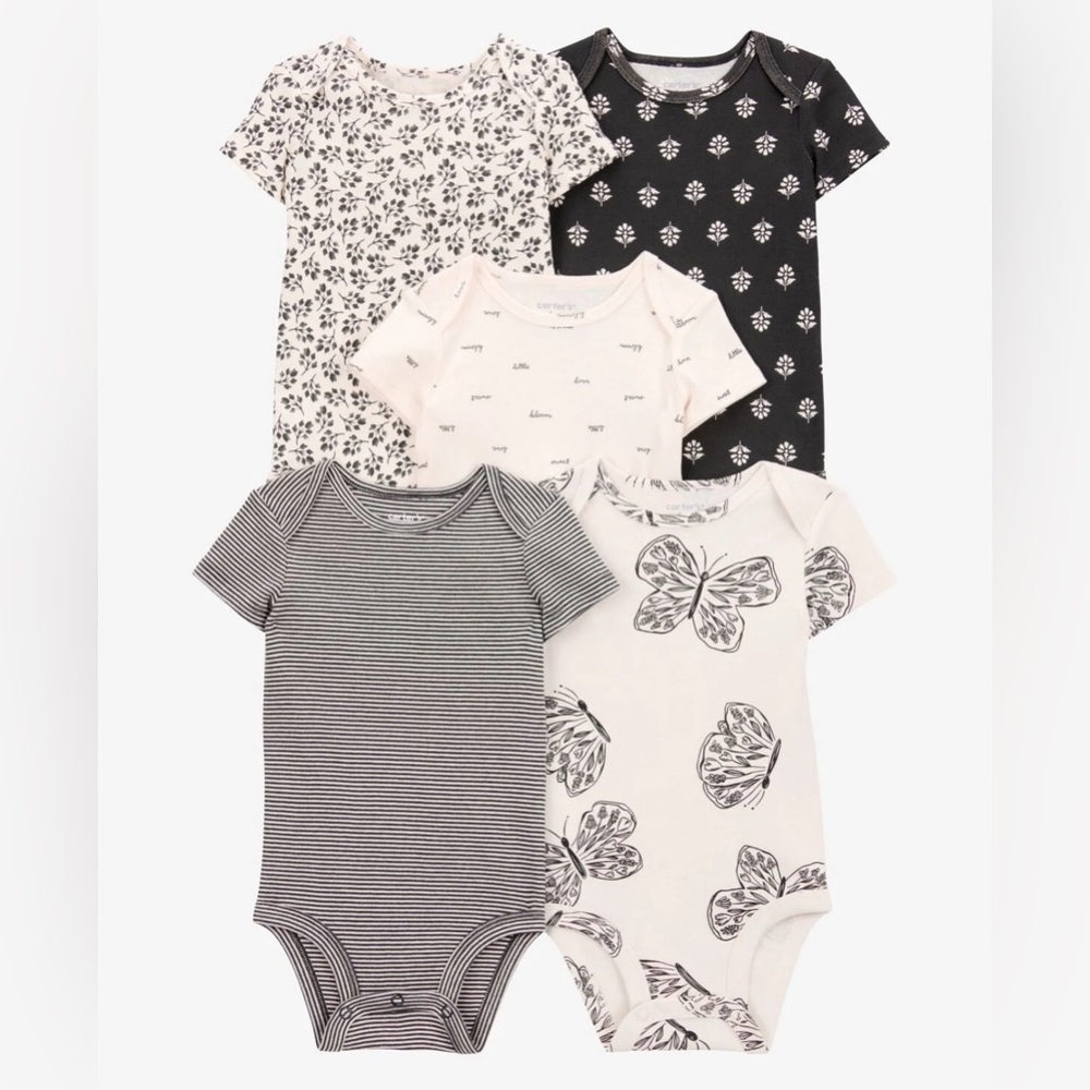 Baby Girl 5-Pack Striped Butterfly Short-Sleeve Cotton Bodysuits - Black/White